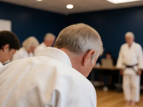 Person wearing a white karate gi performing a respectful bow inside a dojo with blue walls, demonstrating discipline and focus during training.