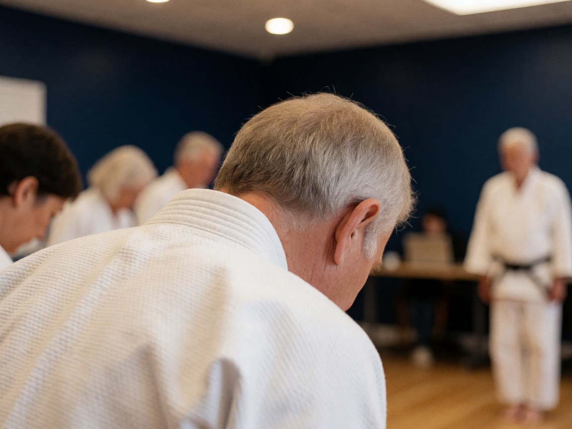 Person wearing a white karate gi performing a respectful bow inside a dojo with blue walls, demonstrating discipline and focus during training.