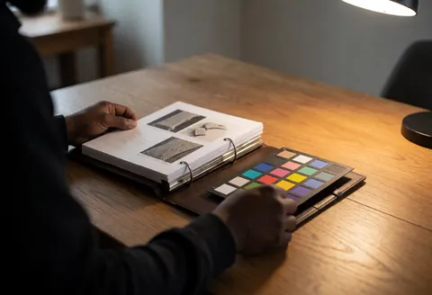 Close-up of a hand adjusting a color calibration card on a wooden table for professional portrait photography services