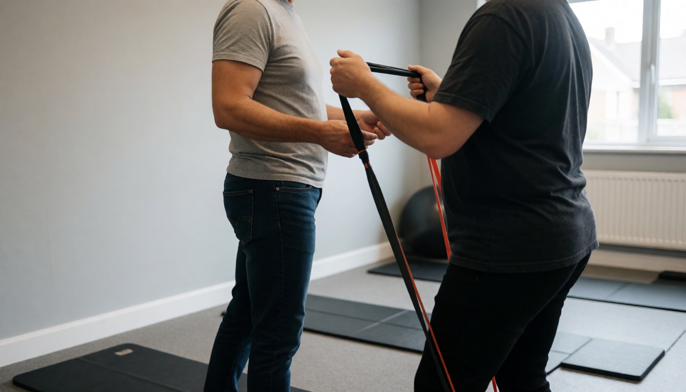 A therapist guides a patient through an exercise using a resistance band in a rehabilitation room with mats on the floor.
