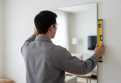 A man in a gray uniform installs a large mirror on a white wall using a yellow level, reflecting a modern interior.