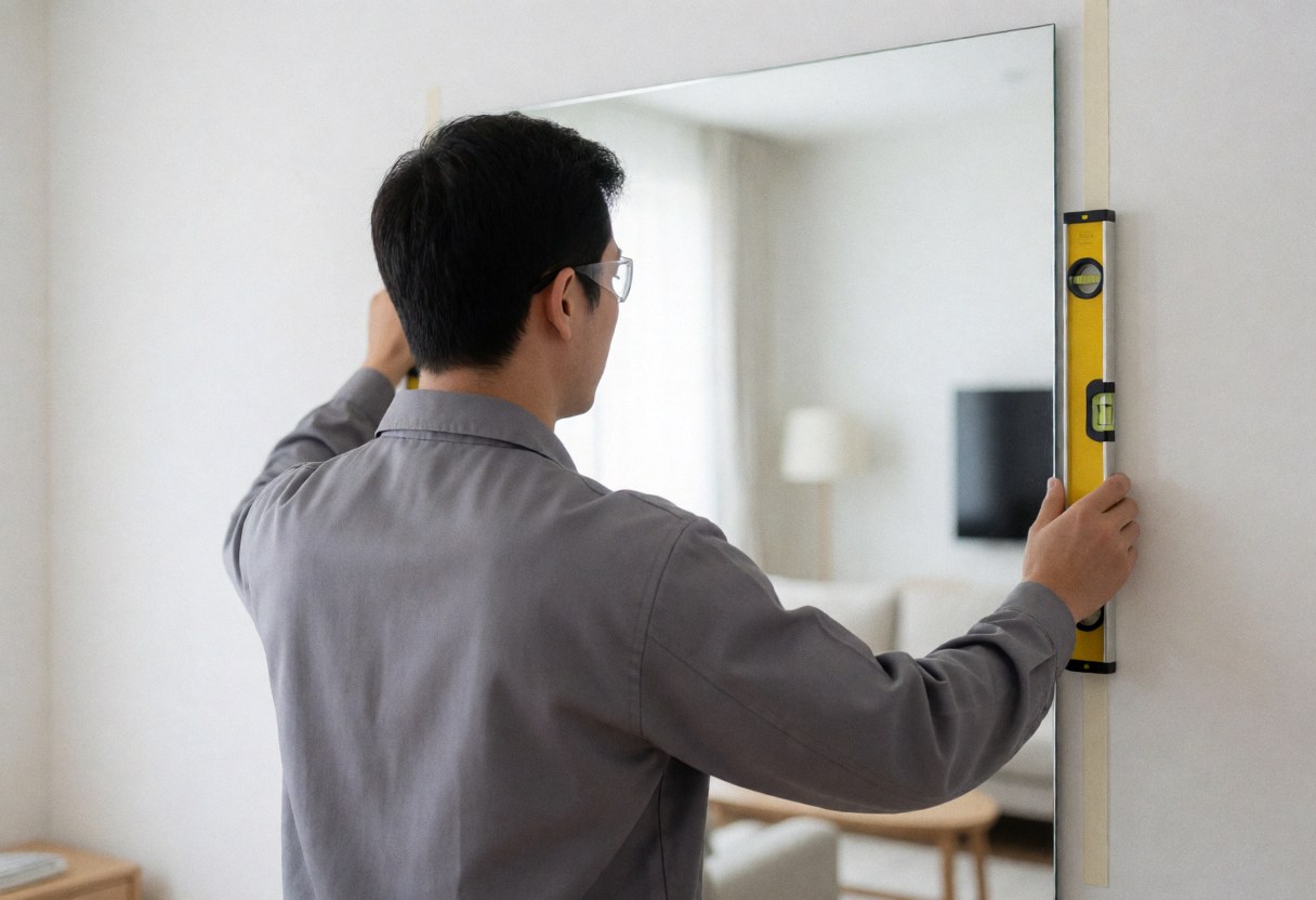 A man in a gray uniform installs a large mirror on a white wall using a yellow level, reflecting a modern interior.