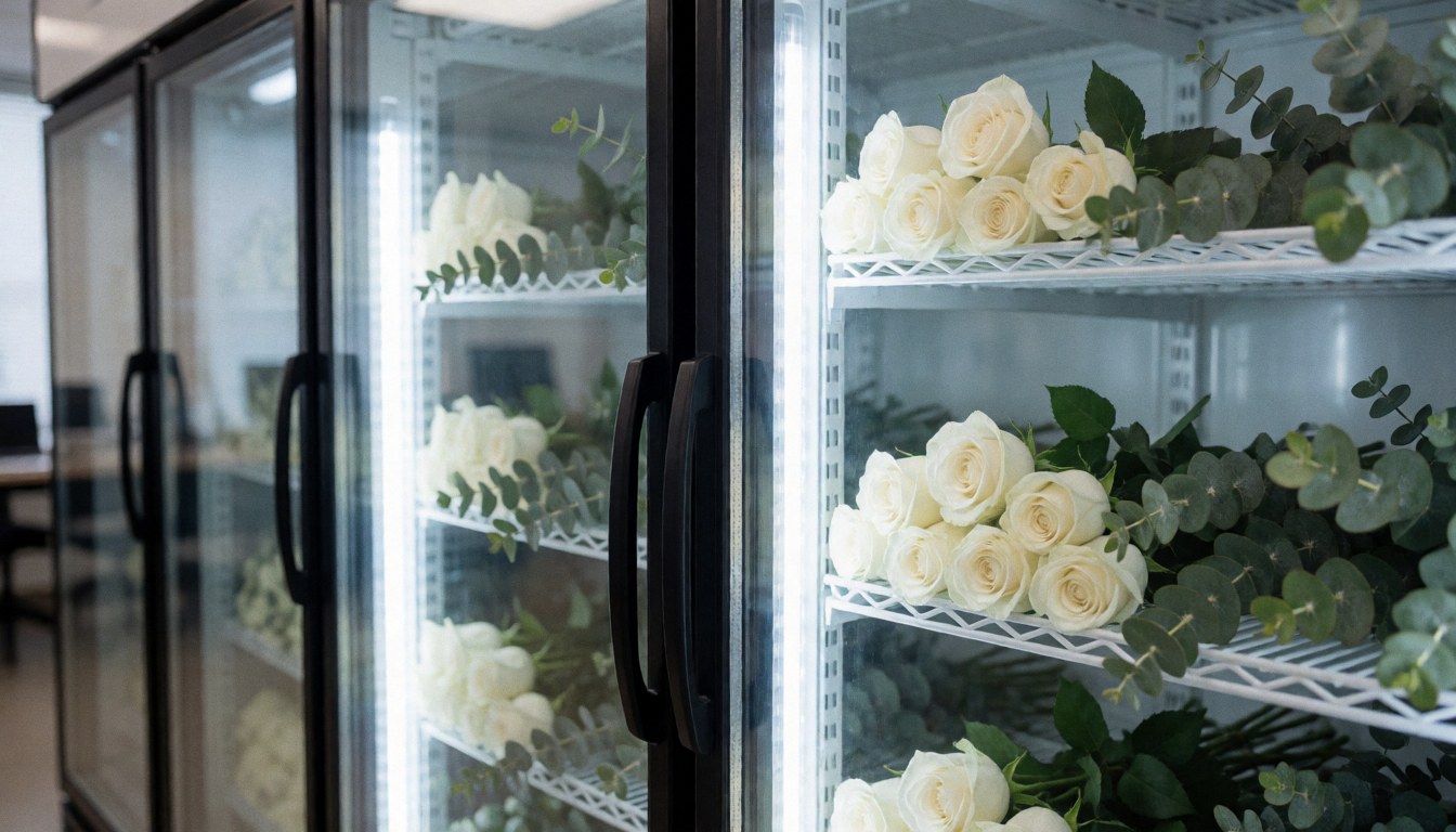 White roses and eucalyptus displayed on metal shelves inside a clean florist cooler with cool interior lighting