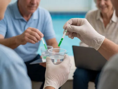 A gloved hand holds a chlorine test strip over a glass of pool water during routine maintenance.