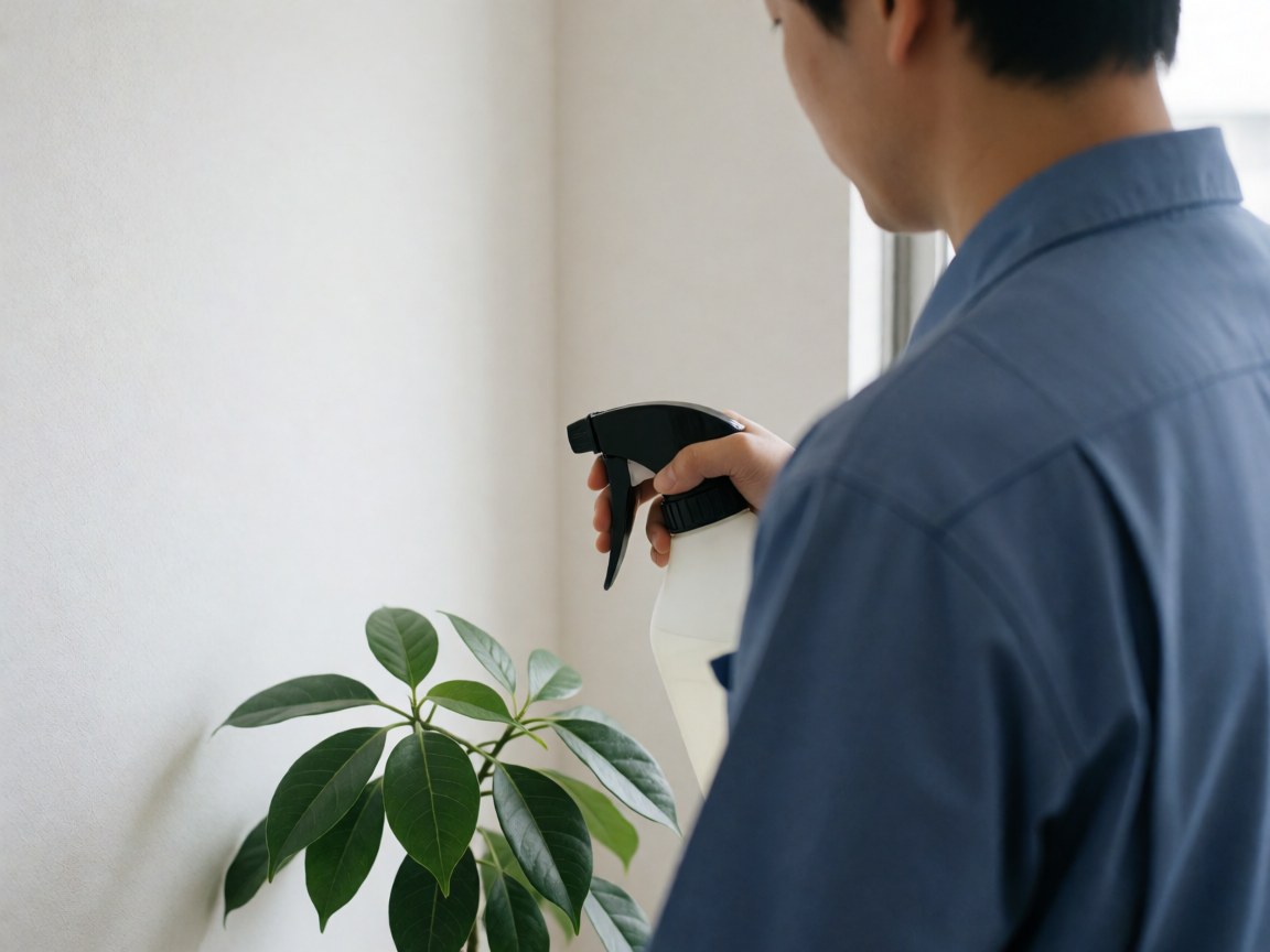 Gardener applying insecticide with a spray bottle to a green plant near a white wall