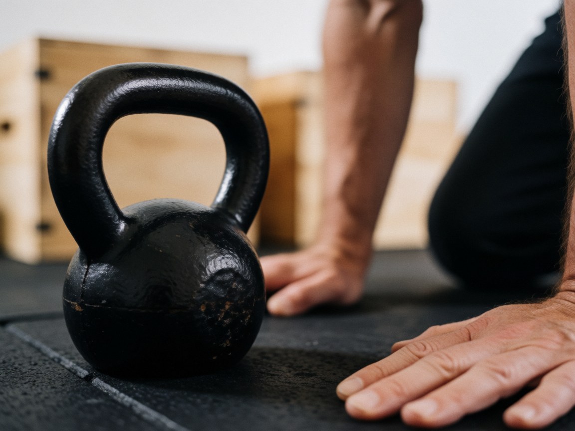 Close-up of a black cast iron kettlebell resting on a rubber mat with wooden gym background