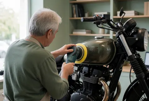 A mechanic polishing a motorcycle fuel tank in a well-lit workshop with shelves and natural light.