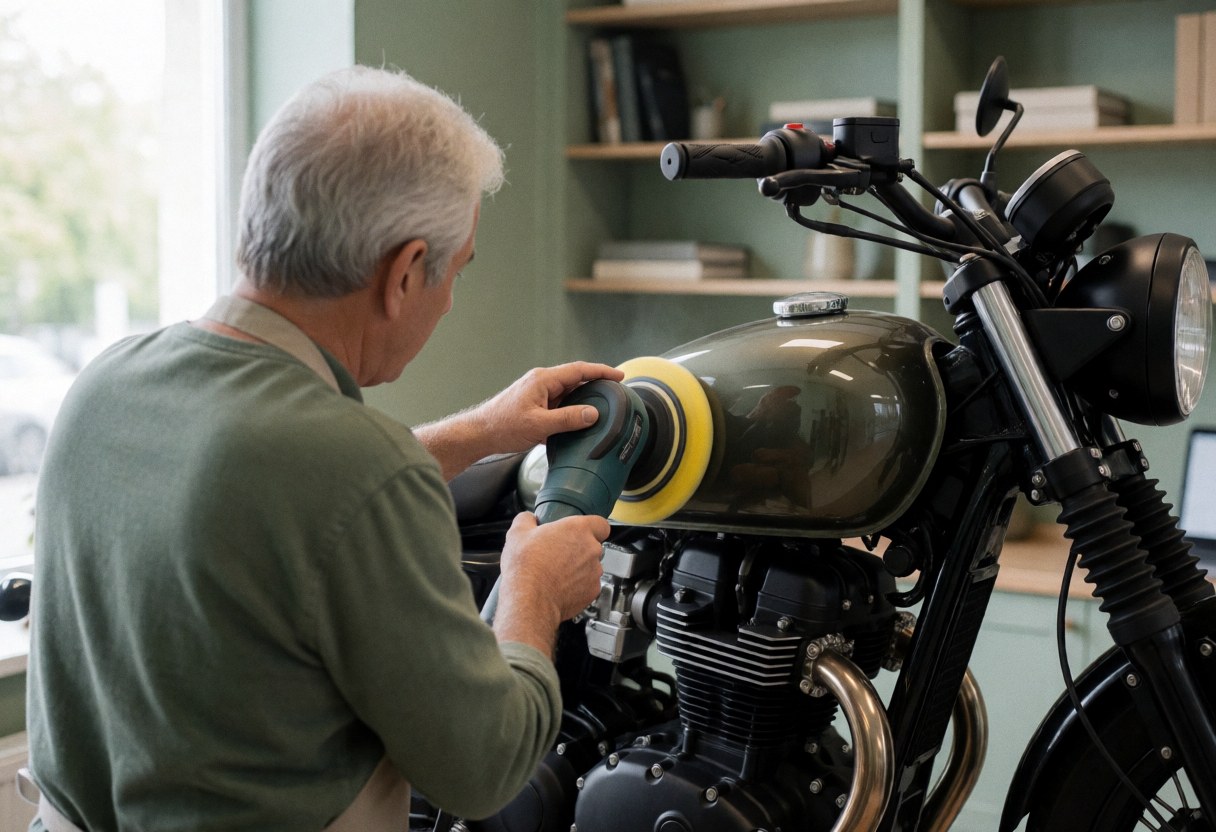 A mechanic polishing a motorcycle fuel tank in a well-lit workshop with shelves and natural light.