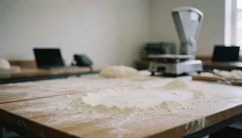 Wooden table covered in flour with bread dough and industrial scale in a bakery workshop