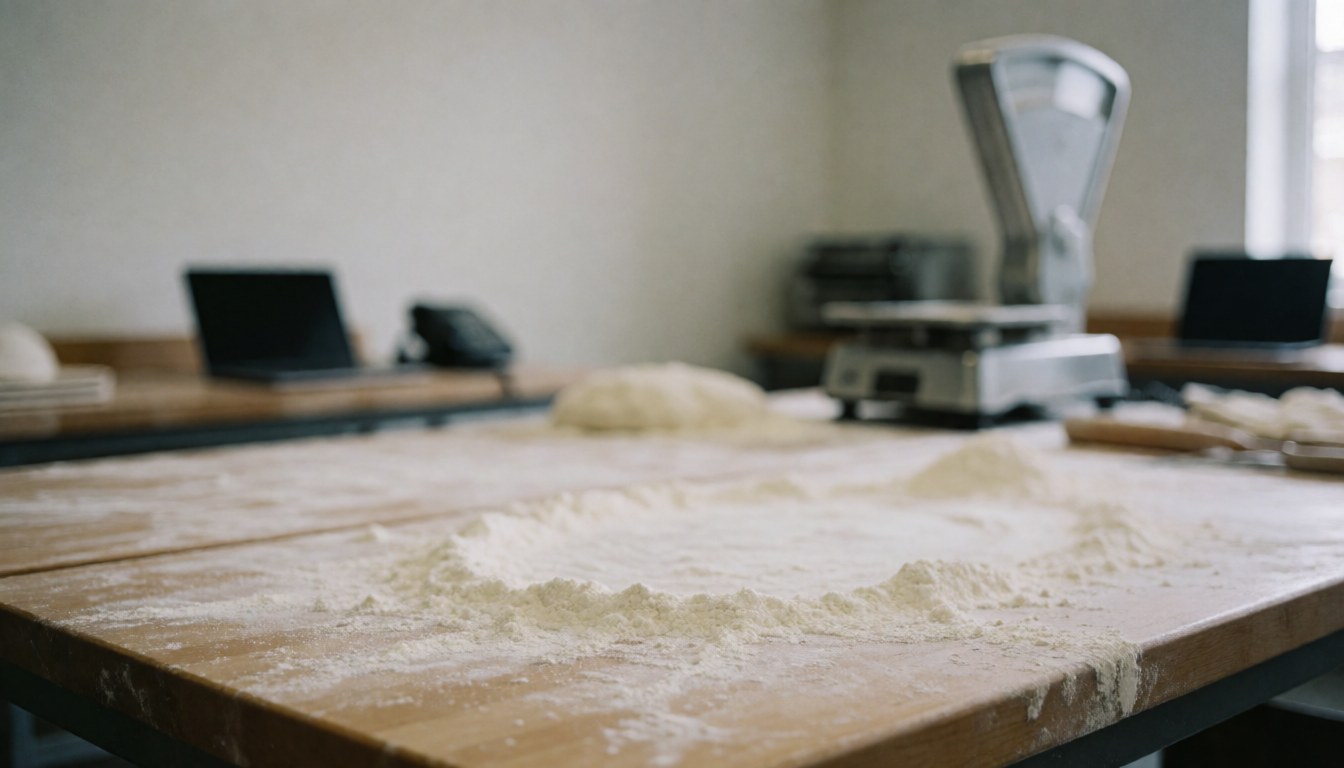 Wooden table covered in flour with bread dough and industrial scale in a bakery workshop