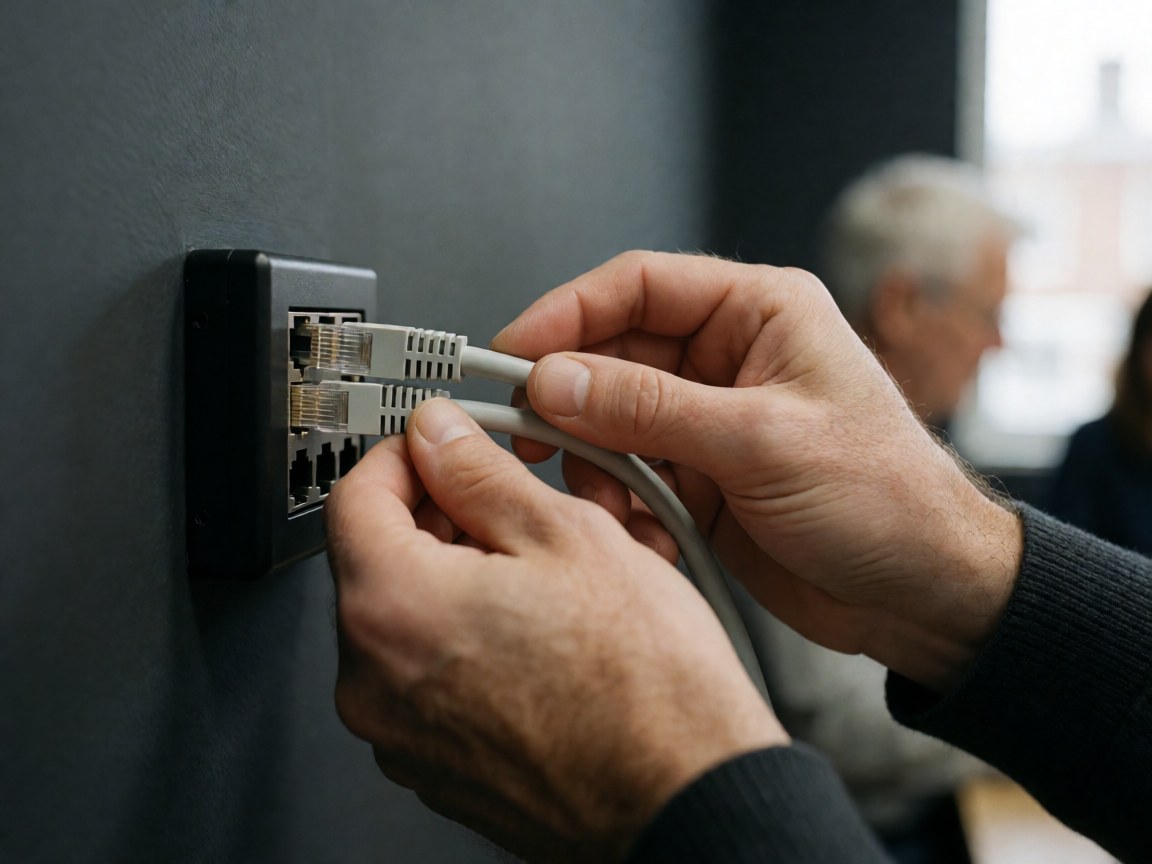 Close-up of hands plugging an ethernet cable into a wall outlet, illustrating secure network connectivity for business security infrastructure.