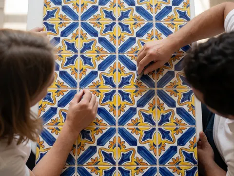 Hands applying blue and yellow geometric patterns to traditional ceramic tiles under bright natural light.