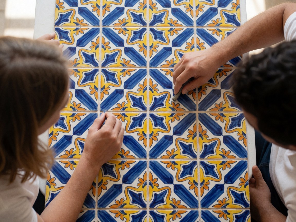 Hands applying blue and yellow geometric patterns to traditional ceramic tiles under bright natural light.