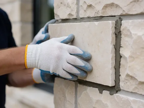 A gloved hand presses a beige stone panel onto an exterior wall, with visible gray adhesive along the edges for facade construction.