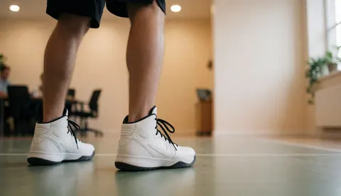 White basketball shoes with black laces on a gym floor, viewed from behind, ideal for a basketball coach website hero section