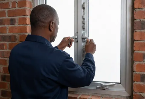 Installer adjusting window mechanism in a house with exposed brick wall, bright light from the window.