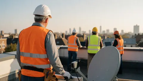 Technician installing satellite antenna on rooftop with safety gear and city background