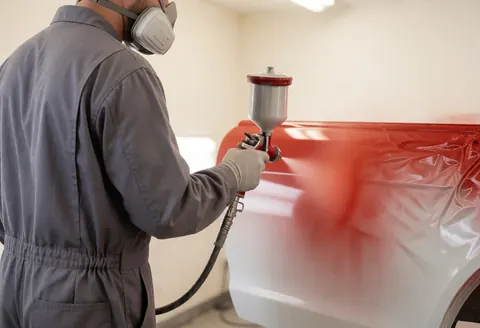 Technician wearing mask and gloves spraying red paint on a car door in a clean workshop with white walls