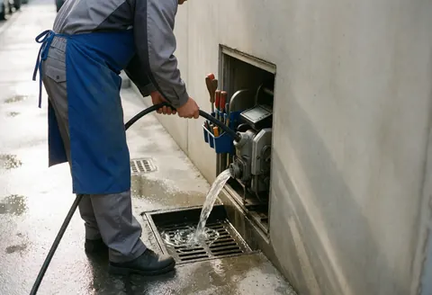 Pipe repair technician using a drain cleaning machine and cable on a concrete wall, with tools visible during service.