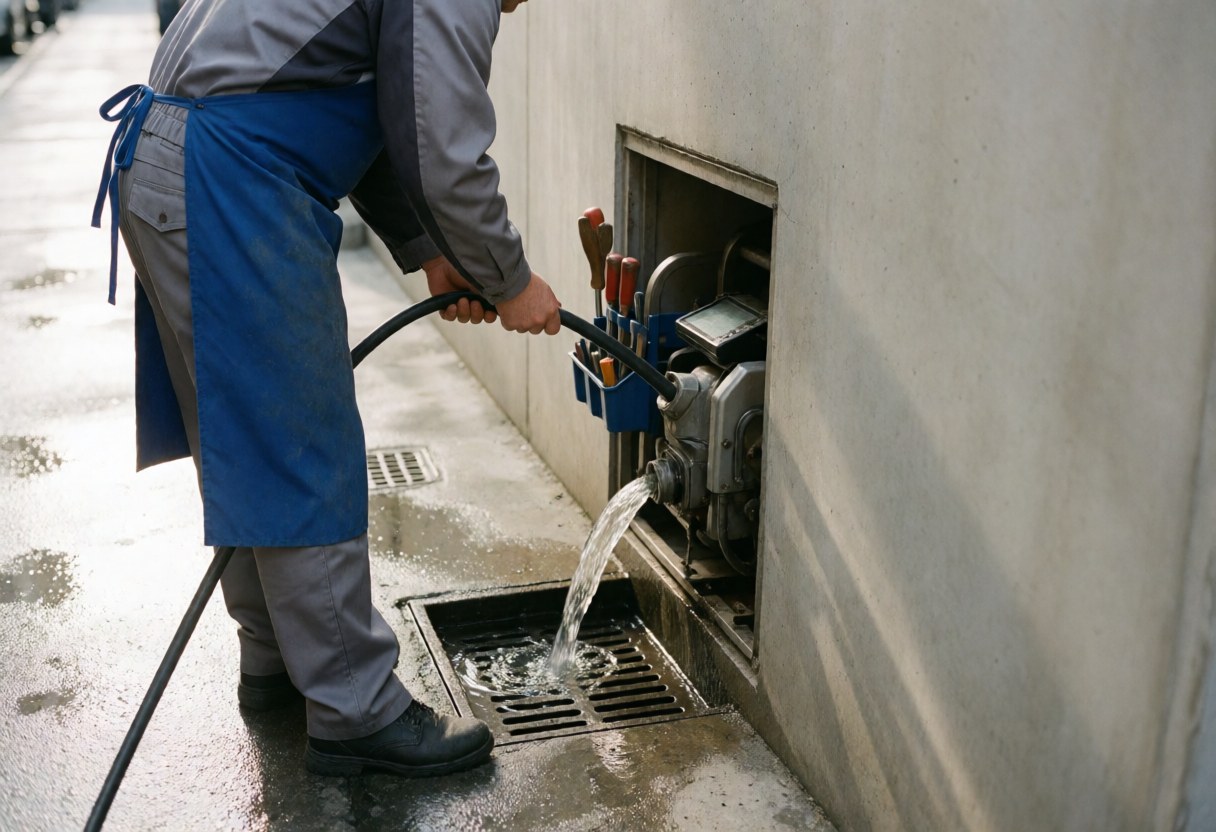 Pipe repair technician using a drain cleaning machine and cable on a concrete wall, with tools visible during service.