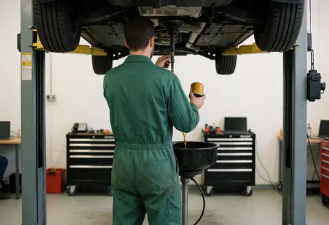 Mechanic in green coveralls drains oil from a raised car into a black container in a clean professional workshop with tools and drawers