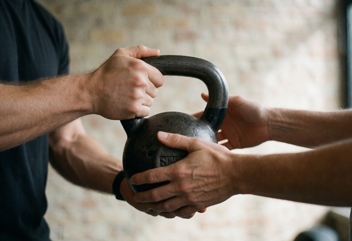 A hand holding a kettlebell in a gym setting with visible brick wall and natural lighting.
