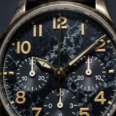 Close-up of a wristwatch with a black marble dial, gold numerals, and chronograph subdial details for product photography.