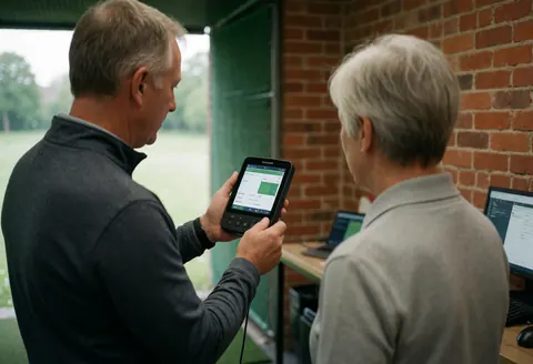 Golf instructor displaying performance graphs on a screen to a client in a practice facility with a brick wall background