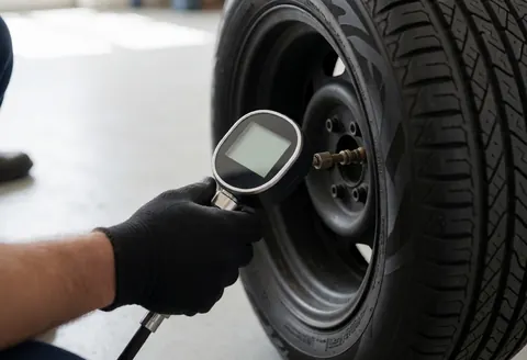 Black-gloved hand adjusting a digital pressure gauge on a tire in a workshop with concrete floor
