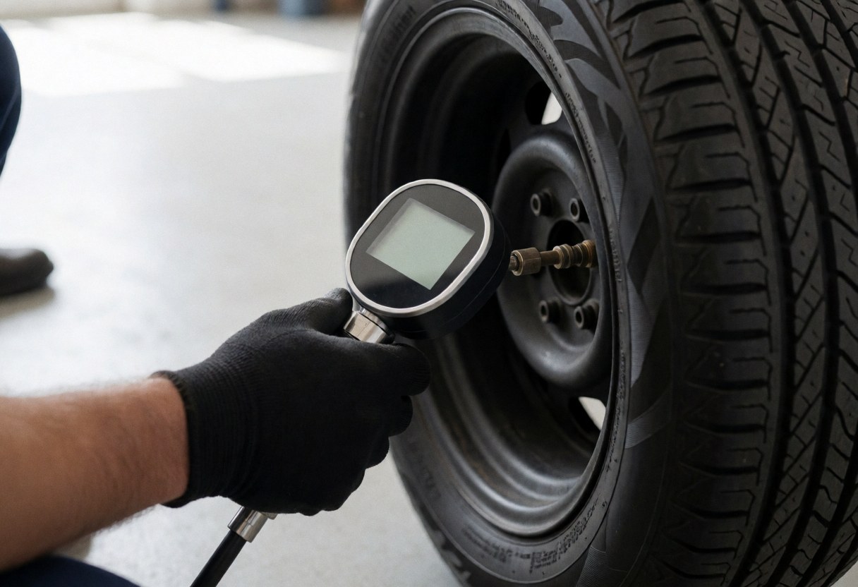 Black-gloved hand adjusting a digital pressure gauge on a tire in a workshop with concrete floor