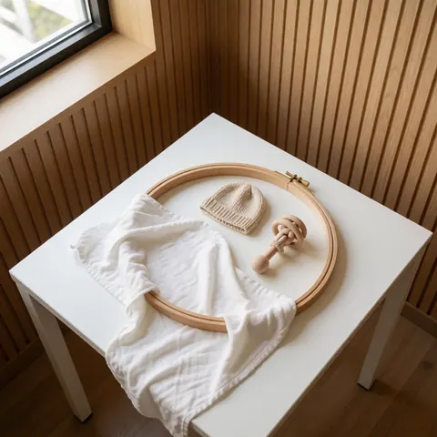 Baby photography kit with blanket, hat, and wooden rattle on a white table against a wood-paneled wall with natural light