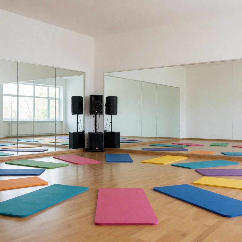 Colorful exercise mats on a wooden floor in a spacious gym with mirrors and speakers, ideal for boxing classes