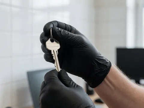 Close-up of a black gloved hand holding a metal key in a locksmith workshop with white tiled walls
