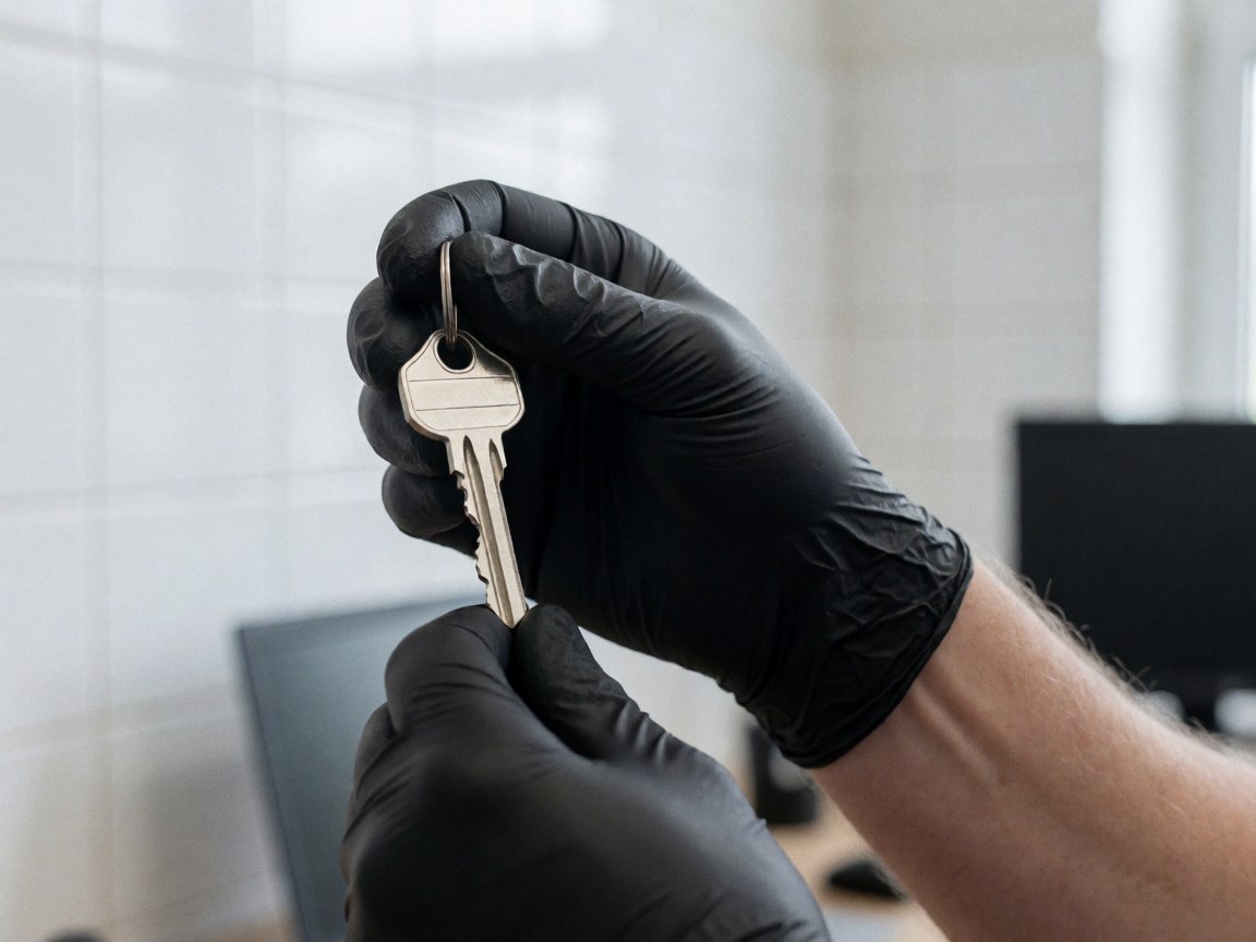 Close-up of a black gloved hand holding a metal key in a locksmith workshop with white tiled walls