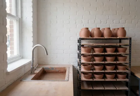 Clay sink and shelf with drying pots in a ceramic studio with white brick walls and natural light