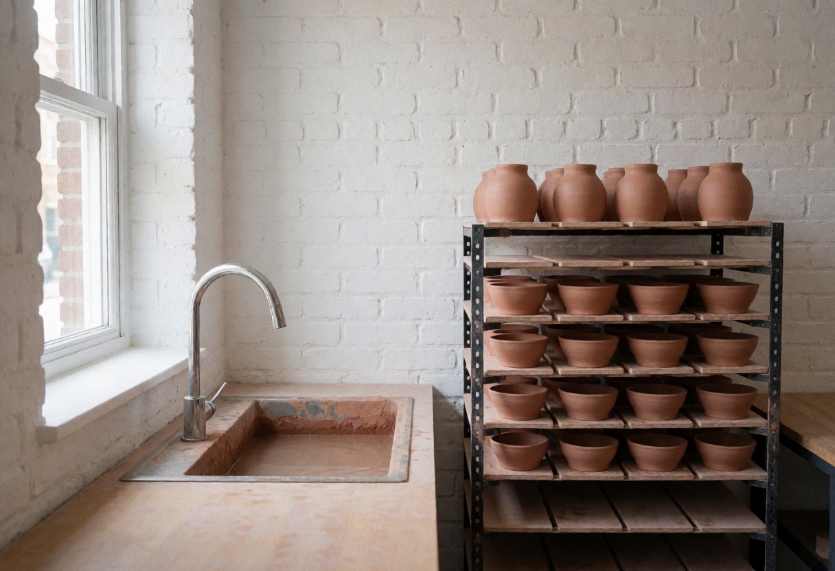 Clay sink and shelf with drying pots in a ceramic studio with white brick walls and natural light