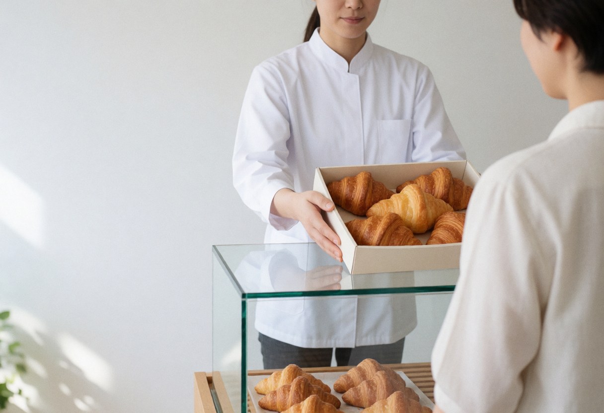 A baker in a white uniform serves a box of croissants from a glass display case in a bright bakery with white walls.