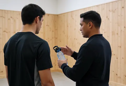 A basketball coach holds up a water bottle while explaining hydration to a player in an indoor gym with wooden walls.