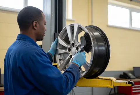 Mechanic wearing blue gloves cleans an alloy wheel with a brush in a tire shop illuminated by natural light.