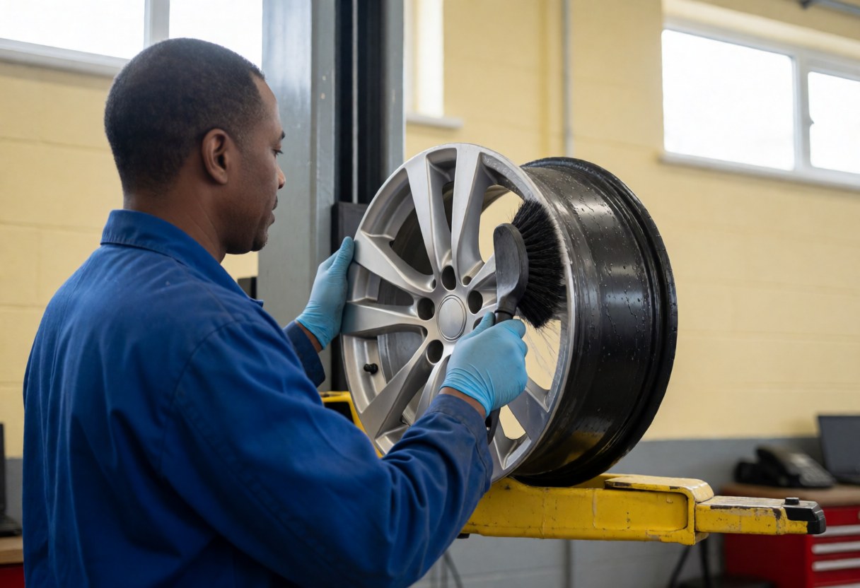 Mechanic wearing blue gloves cleans an alloy wheel with a brush in a tire shop illuminated by natural light.