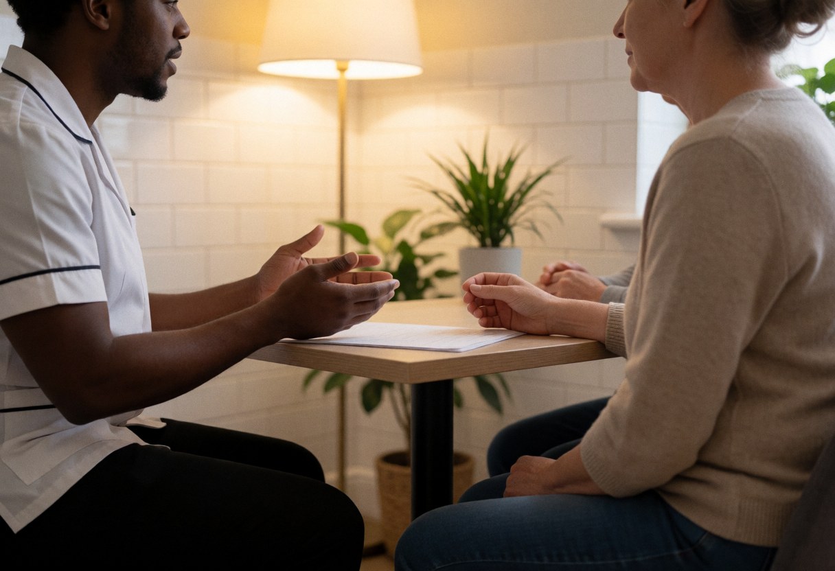 A reflexologist therapist explains a treatment session to a seated client in a bright, professional wellness interior.