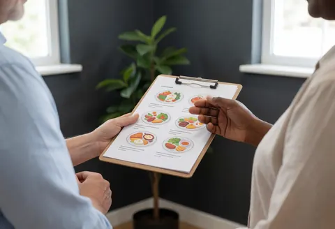 Fitness trainer points to a meal plan on a clipboard while consulting with a client in an office with dark walls and a plant.