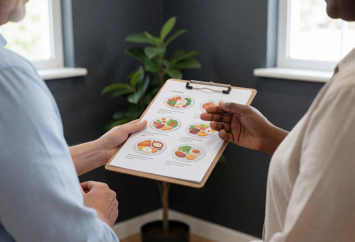 Fitness trainer points to a meal plan on a clipboard while consulting with a client in an office with dark walls and a plant.