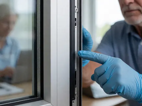 Close-up of an aluminum window showing the black thermal break profile with a gloved hand indicating the detail for window installation businesses.