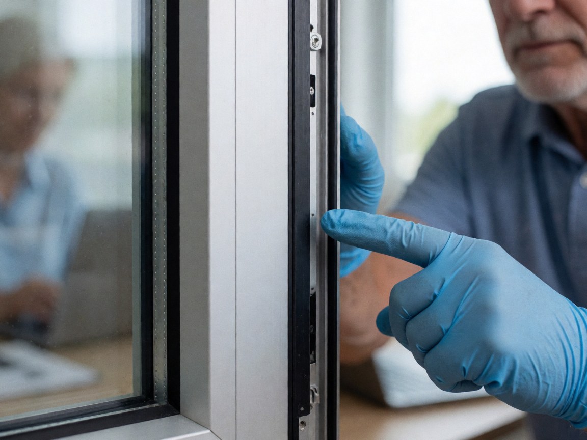 Close-up of an aluminum window showing the black thermal break profile with a gloved hand indicating the detail for window installation businesses.