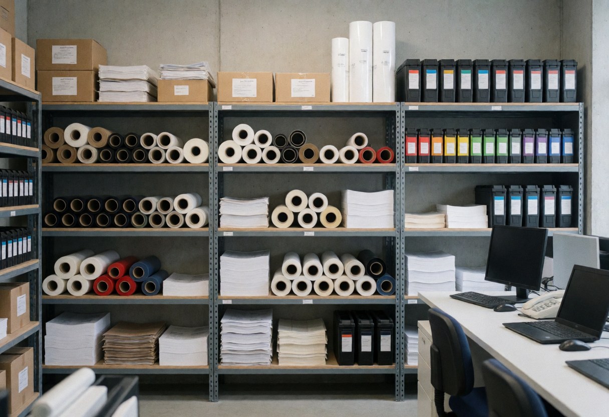 Printing warehouse with metal shelves holding vinyl rolls, ink spools, and papers, featuring concrete walls and bright lighting.