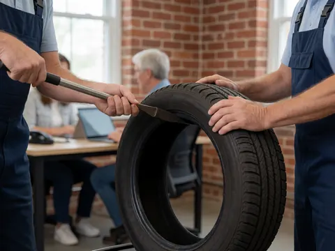 A mechanic uses a bead breaker bar to remove a tire in a workshop with a brick wall background.
