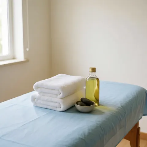 Massage table covered with a light blue sheet, white towels, a bottle of oil, and a small cup with hot stones in a room with warm white walls