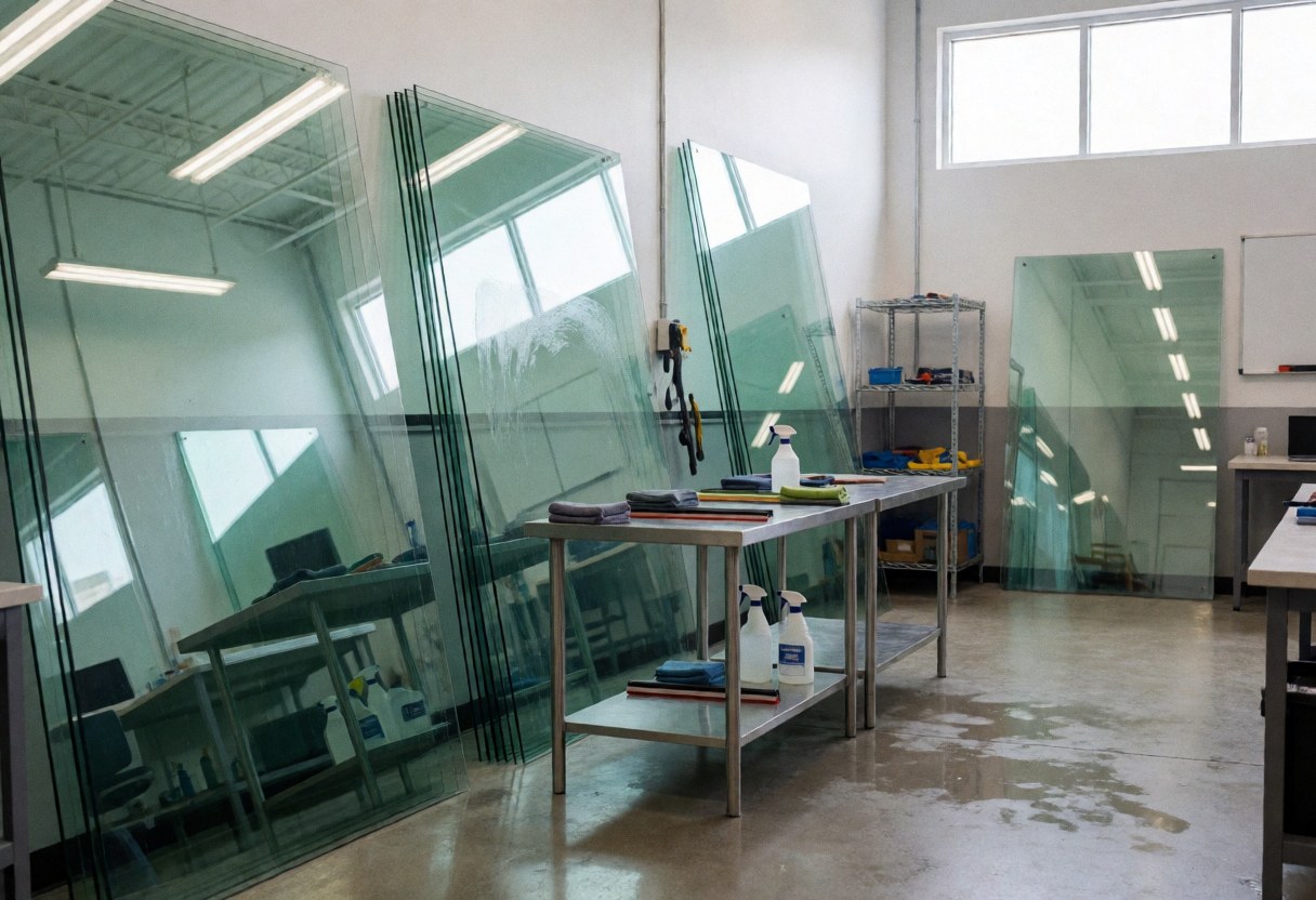 Glass panels leaning in a glazier workshop with a steel table, cleaning supplies, and fluorescent light reflections on concrete.