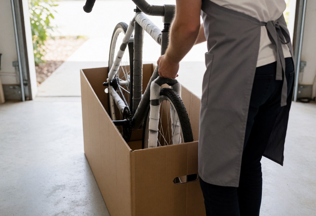 A professional wearing an apron packs a disassembled bicycle into a cardboard box inside a garage with sunset light.